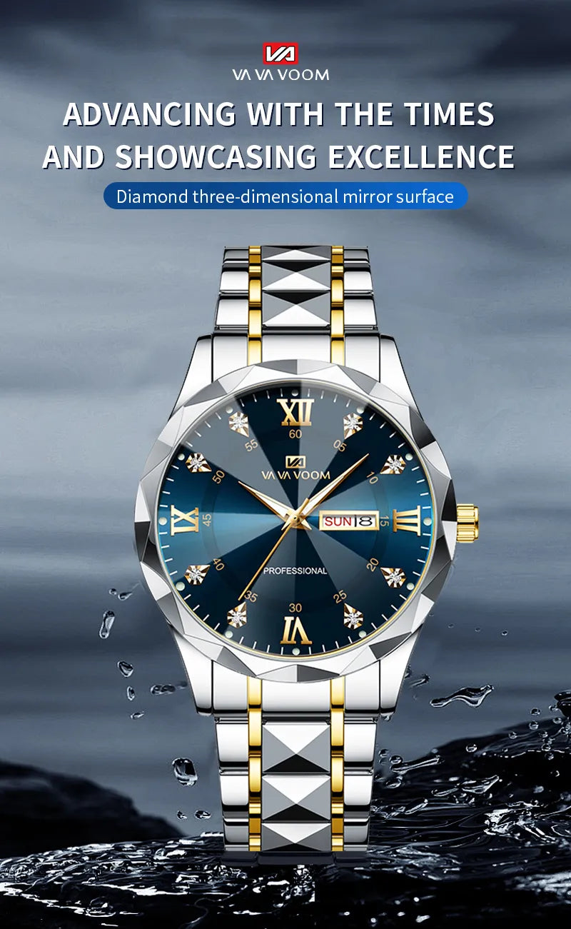 Men Watch Water Diamond Luxury Night Glow Double Calendar Quartz Movement 41mm Blue Gold